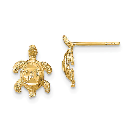14K Yellow Gold Polished Diamond-cut Sea Turtle Post Earrings