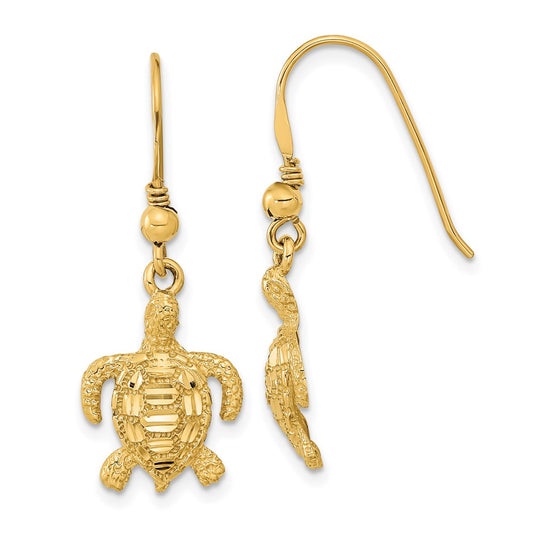 14K Yellow Gold Polished & Textured Diamond-cut Turtle Shepherd Hook Earrings