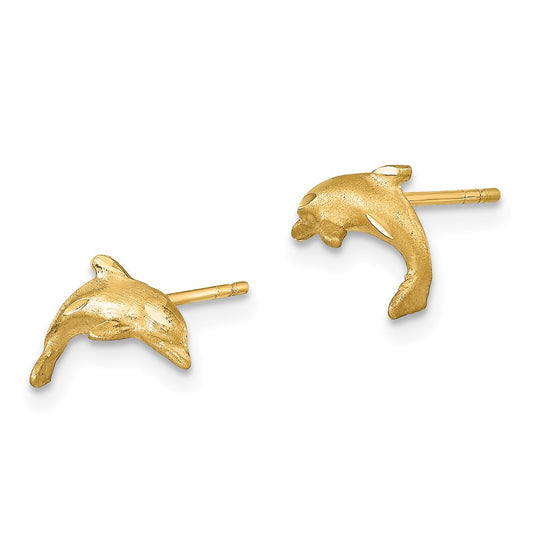 14K Yellow Gold Satin Diamond-cut Dolphin Post Earrings