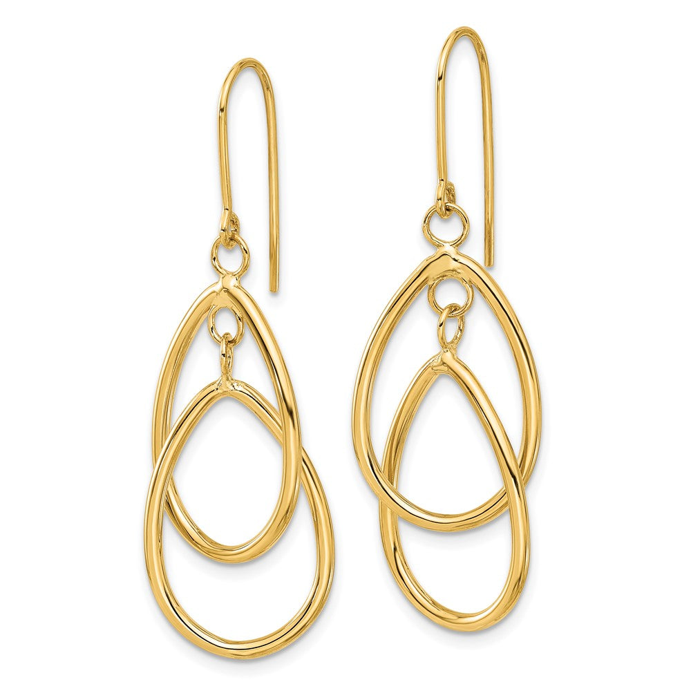 14K Yellow Gold Polished Double Circle Dangle Wire Earrings