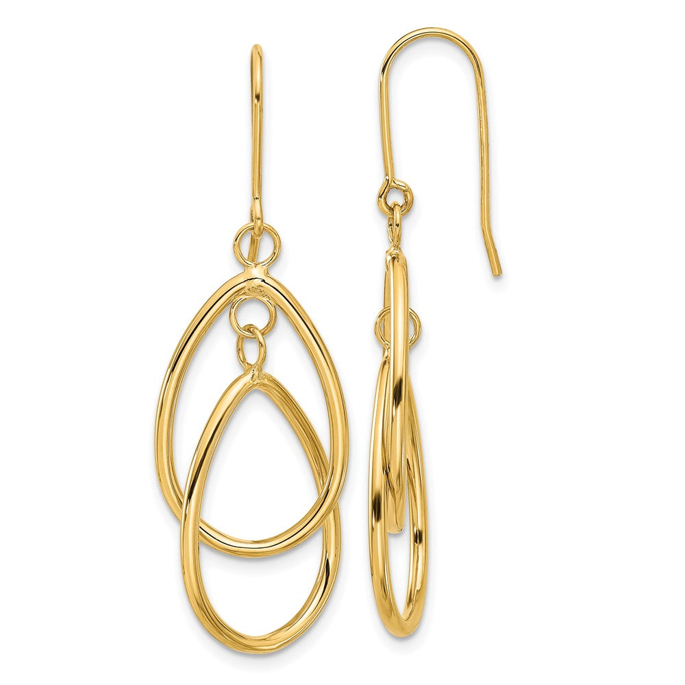 14K Yellow Gold Polished Double Circle Dangle Wire Earrings