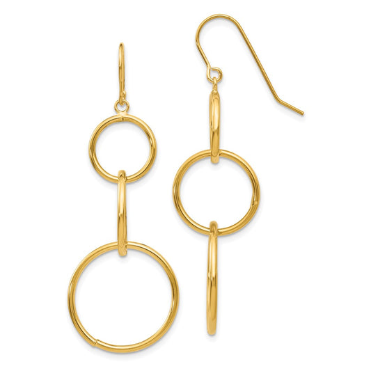 14K Yellow Gold 3 Circle Dangle Wire Earrings