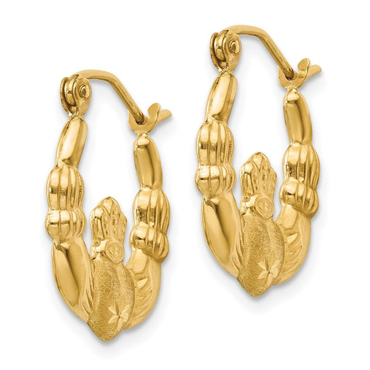 14K Yellow Gold Polished and Satin Claddagh Hoop Earrings