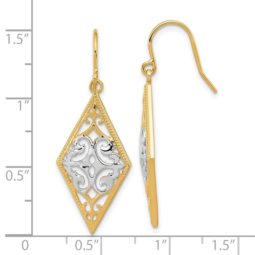 14K Two-Tone Gold Diamond Shape Filigree Dangle Earrings