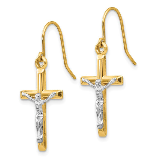 14K Two-Tone Gold Polished Crucifix Earrings