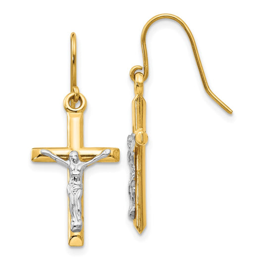 14K Two-Tone Gold Polished Crucifix Earrings