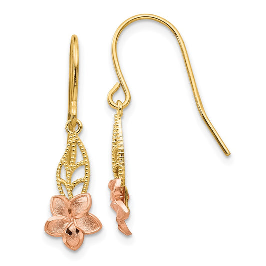 14K Two-Tone Gold Fancy Plumeria Dangle Earrings