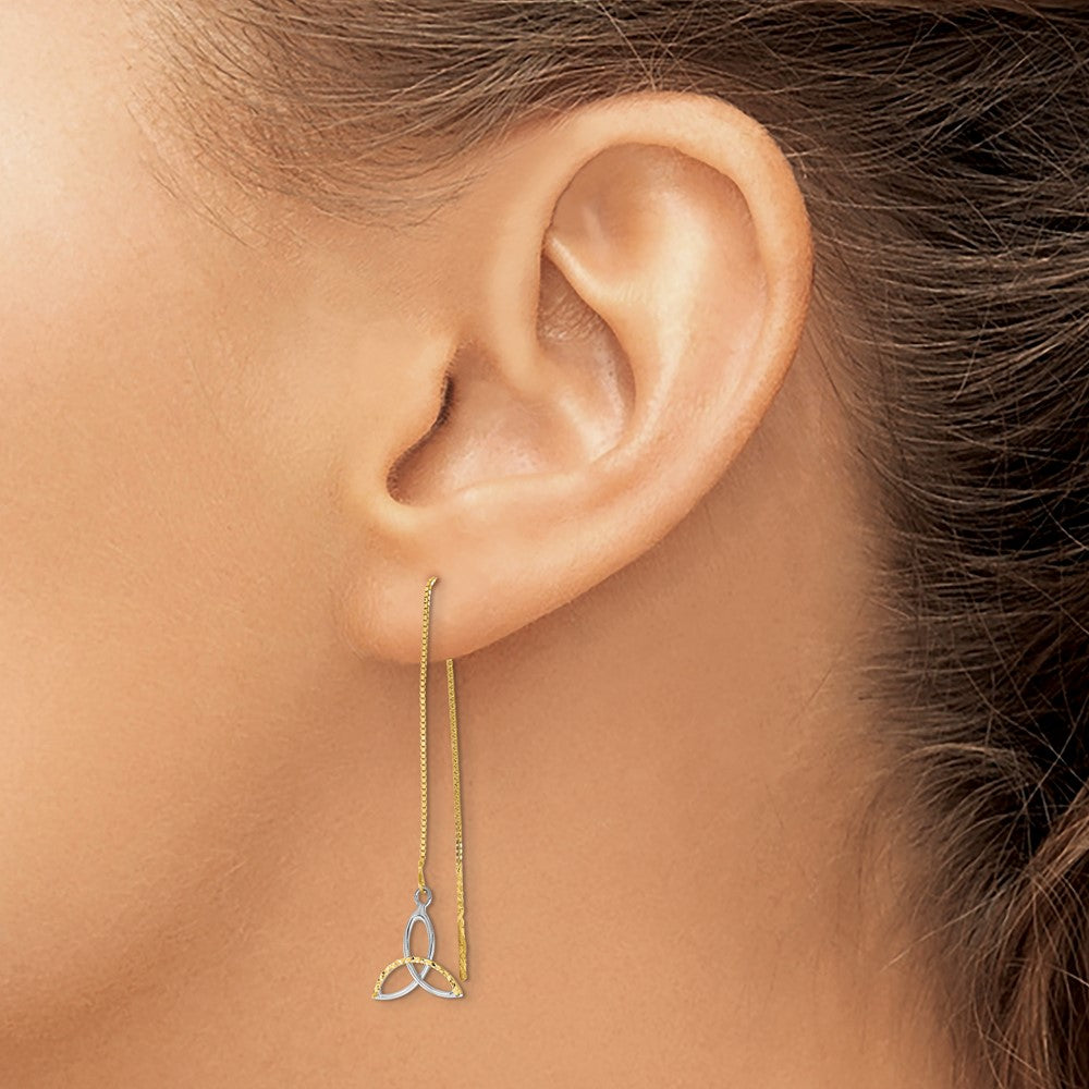 14K Two-Tone Gold Diamond-cut Box Chain Celtic Knot Threader Earrings