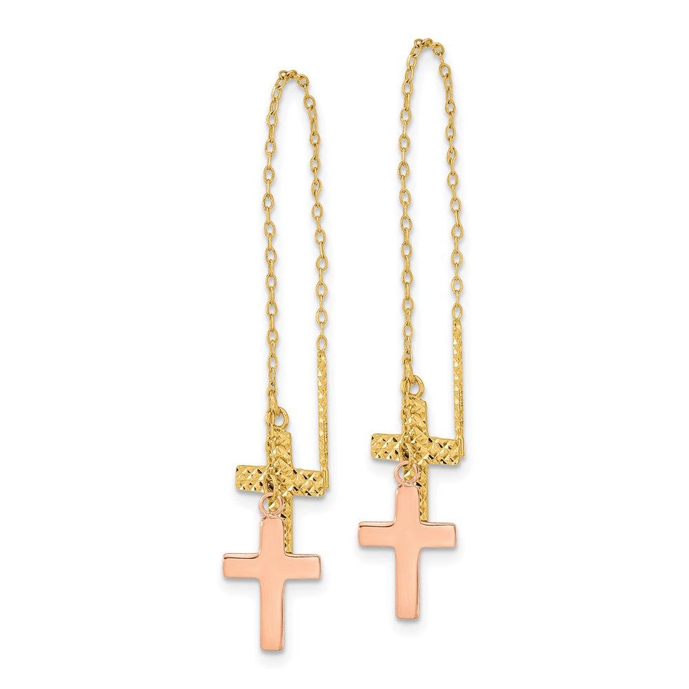 14K Yellow & Rose Gold Diamond-cut Polished Crosses Threader Earrings