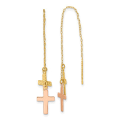 14K Yellow & Rose Gold Diamond-cut Polished Crosses Threader Earrings