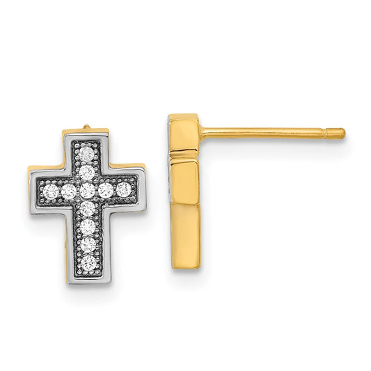 14K Two-Tone Gold Micro Pave CZ Cross Post Earrings