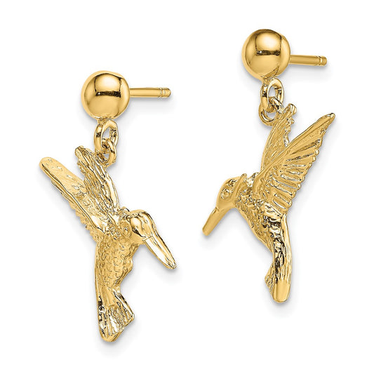 14K Yellow Gold Hummingbird Post Dangle Earrings