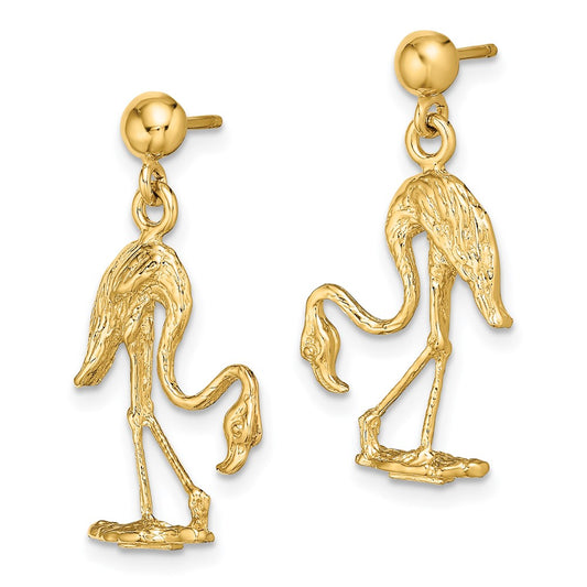 14K Yellow Gold 3D Flamingo Dangle Earrings