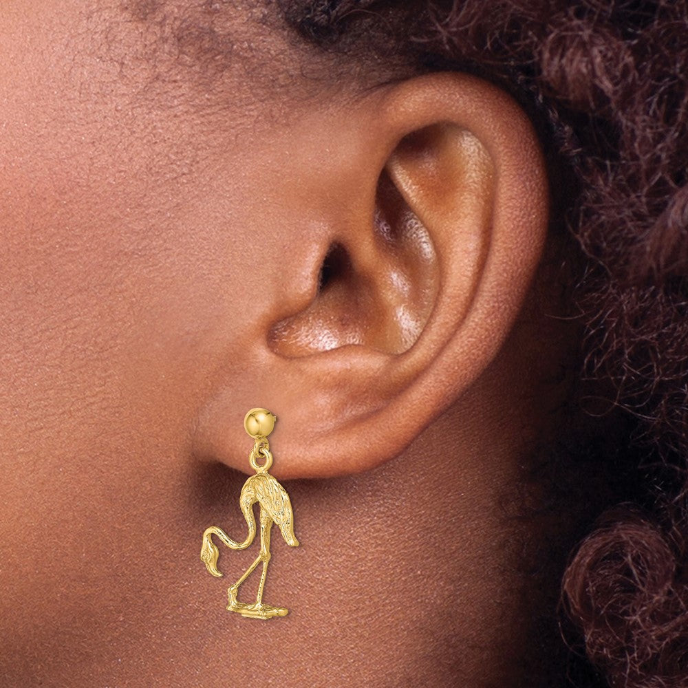 14K Yellow Gold 3D Flamingo Dangle Earrings