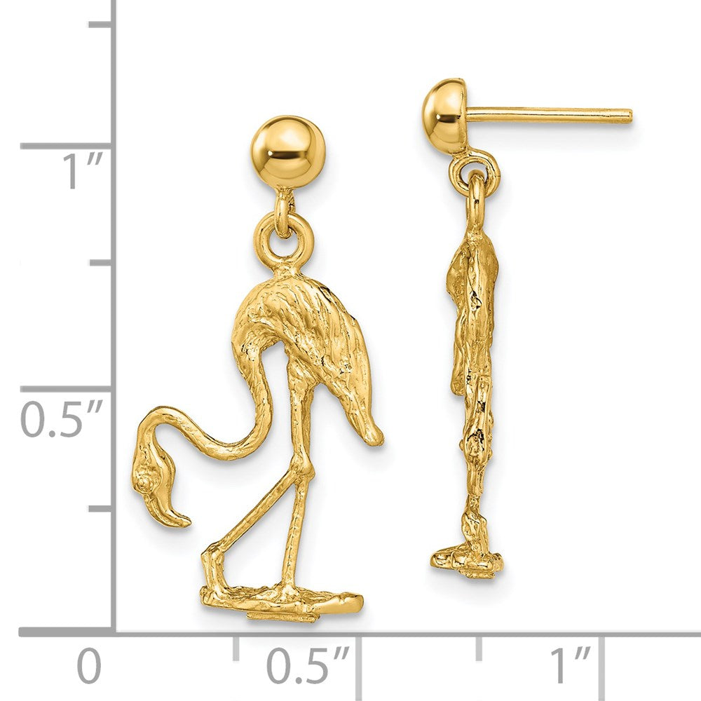 14K Yellow Gold 3D Flamingo Dangle Earrings