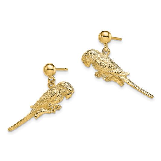 14K Yellow Gold 3D Parrot Dangle Earrings