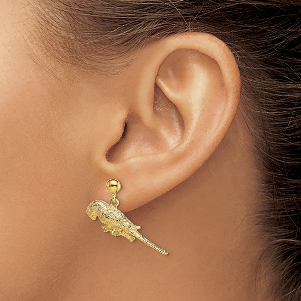 14K Yellow Gold 3D Parrot Dangle Earrings