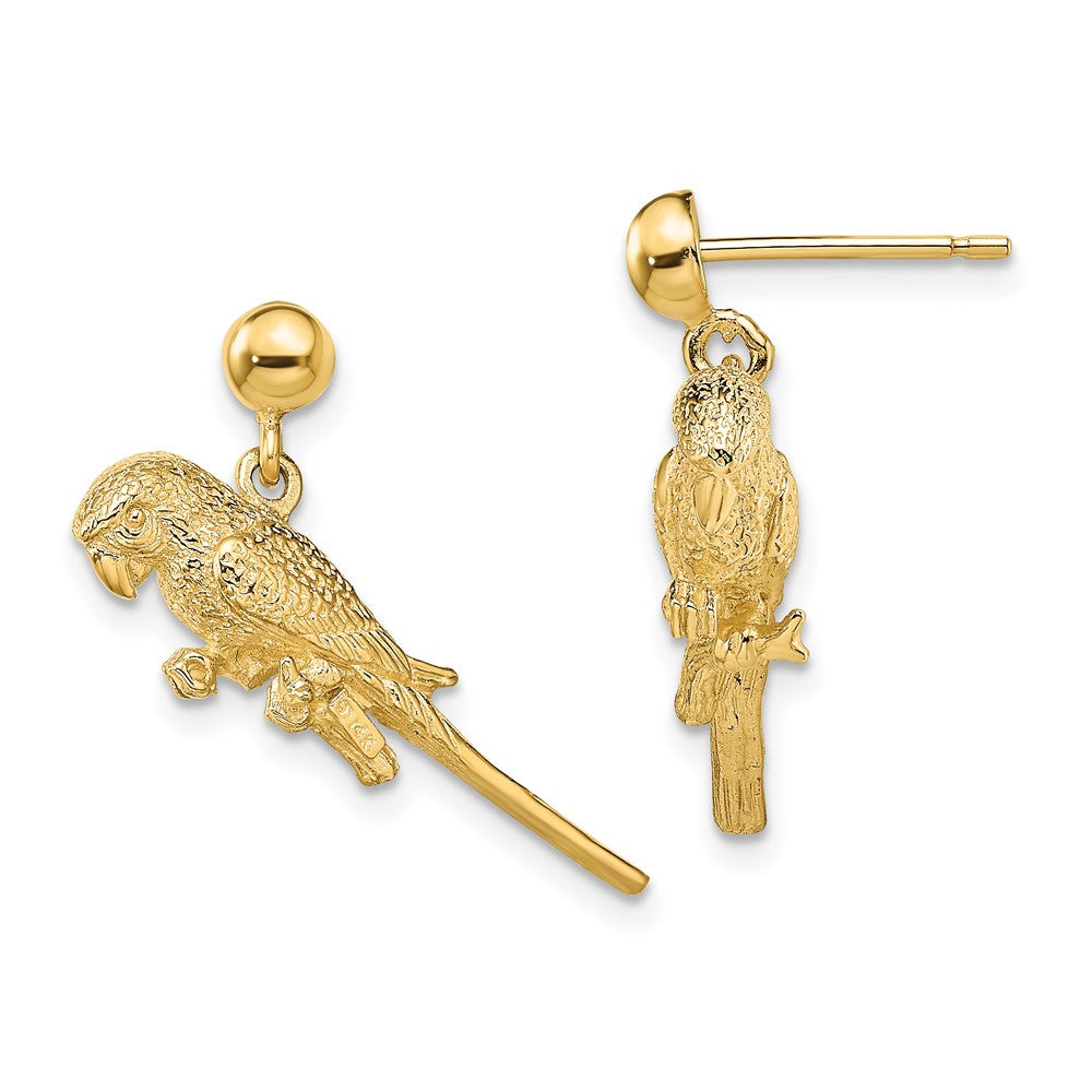 14K Yellow Gold 3D Parrot Dangle Earrings