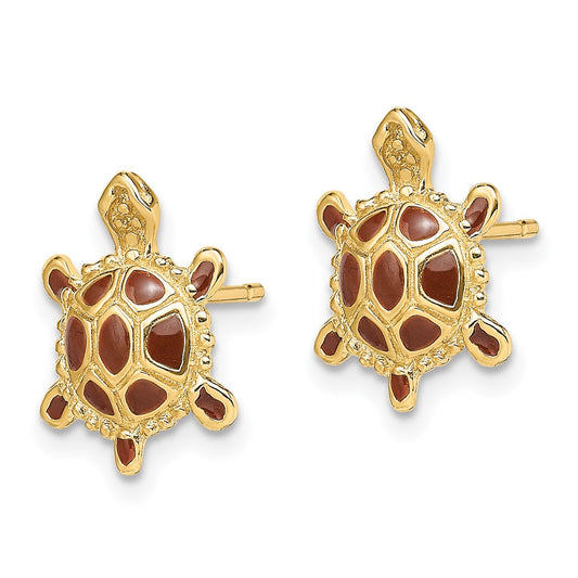 14K Yellow Gold Sea Turtle Spiny Brown Enamel Shell Earrings