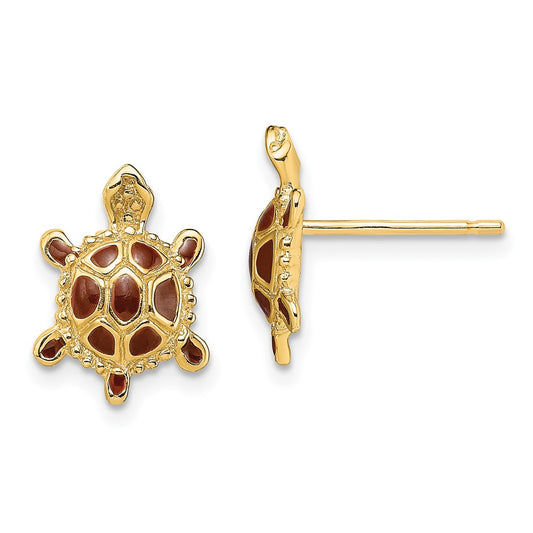 14K Yellow Gold Sea Turtle Spiny Brown Enamel Shell Earrings
