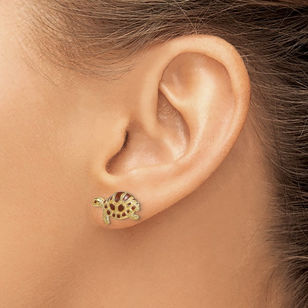 14K Yellow Gold Brown Enamel Turtle Post Earrings