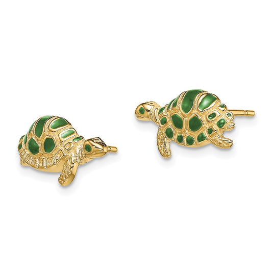 14K Yellow Gold Green Enamel Turtle Post Earrings