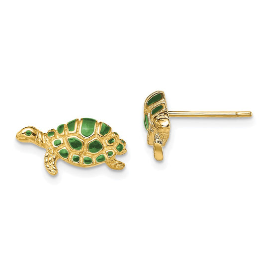 14K Yellow Gold Green Enamel Turtle Post Earrings