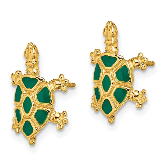 14K Yellow Gold Land Turtle with Green Enamel Shell Earrings