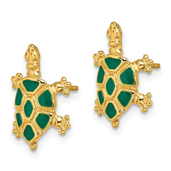 14K Yellow Gold Land Turtle with Green Enamel Shell Earrings