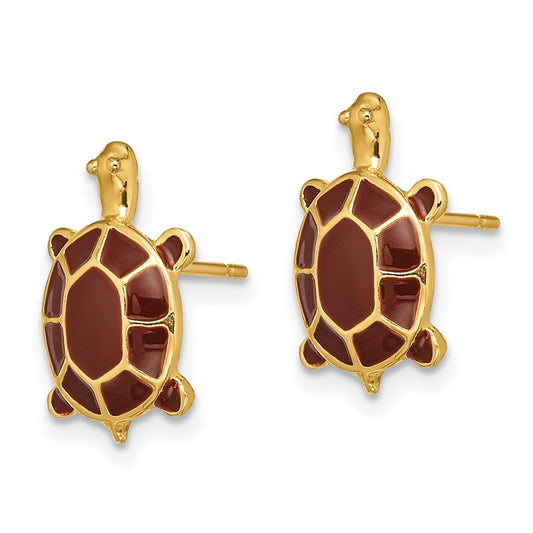 14K Yellow Gold Brown Enamel Sea Turtle Post Earrings