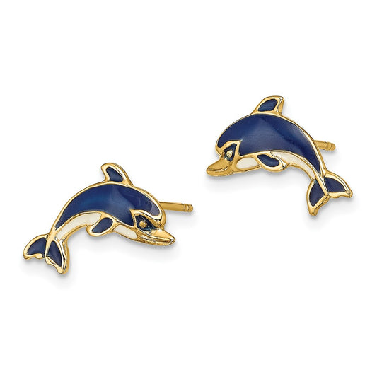 14K Yellow Gold Blue and White Enamel Dolphin Post Earrings