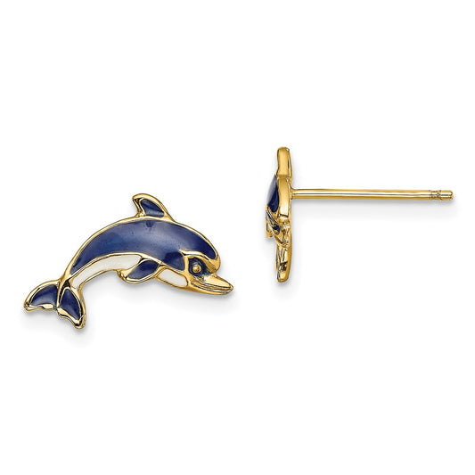 14K Yellow Gold Blue and White Enamel Dolphin Post Earrings