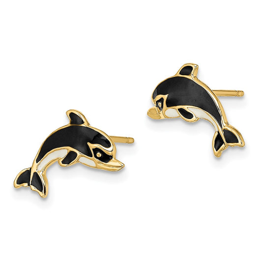 14K Yellow Gold White and Black Enamel Dolphin Post Earrings