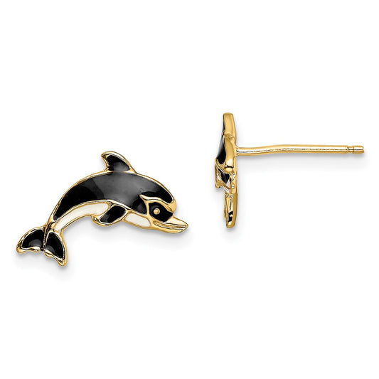 14K Yellow Gold White and Black Enamel Dolphin Post Earrings