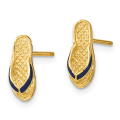 14K Yellow Gold 3D with Blue Enamel Single Flip-Flop Post Earrings