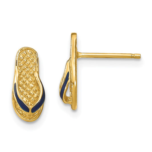 14K Yellow Gold 3D with Blue Enamel Single Flip-Flop Post Earrings