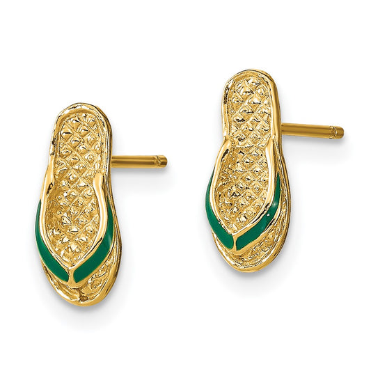 14K Yellow Gold 3D with Green Enamel Flip-Flop Earrings