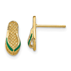 14K Yellow Gold 3D with Green Enamel Flip-Flop Earrings