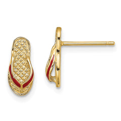 14K Yellow Gold 3D Red Enamel Flip-Flop Post Earrings