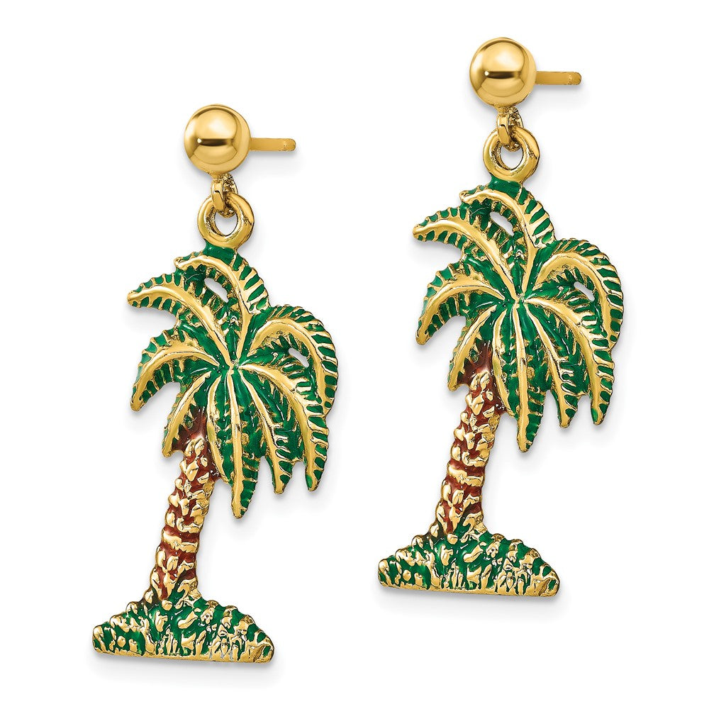 14K Yellow Gold Enamel Palm Tree Dangle Earrings