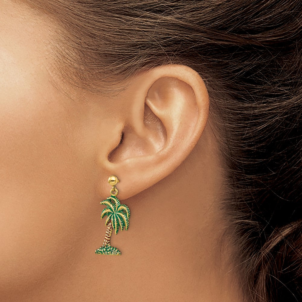 14K Yellow Gold Enamel Palm Tree Dangle Earrings