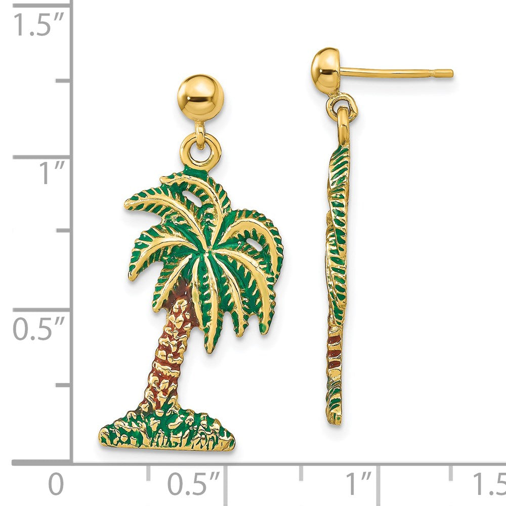 14K Yellow Gold Enamel Palm Tree Dangle Earrings