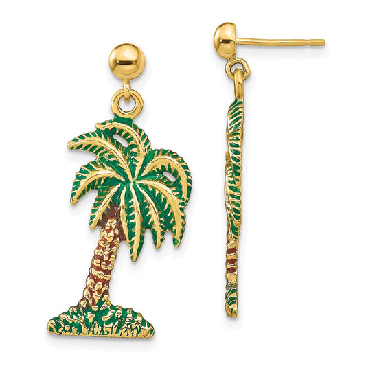 14K Yellow Gold Enamel Palm Tree Dangle Earrings