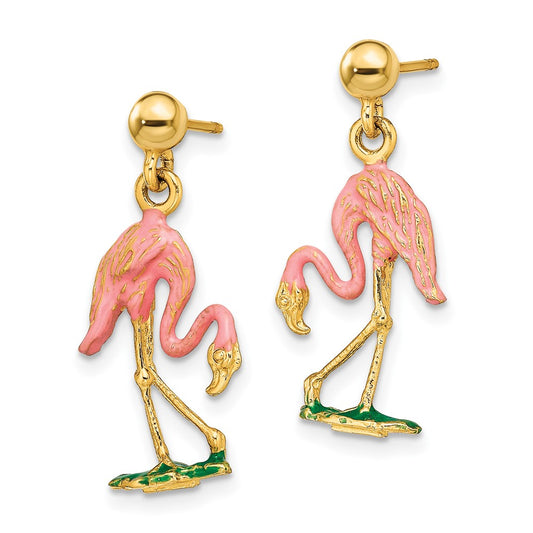 14K Yellow Gold Enamel 3D Flamingo Dangle Earrings