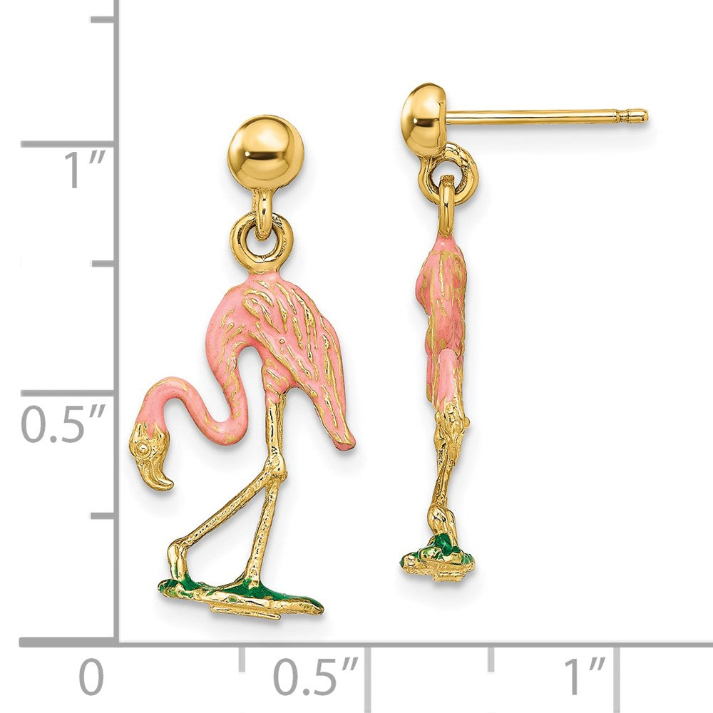 14K Yellow Gold Enamel 3D Flamingo Dangle Earrings