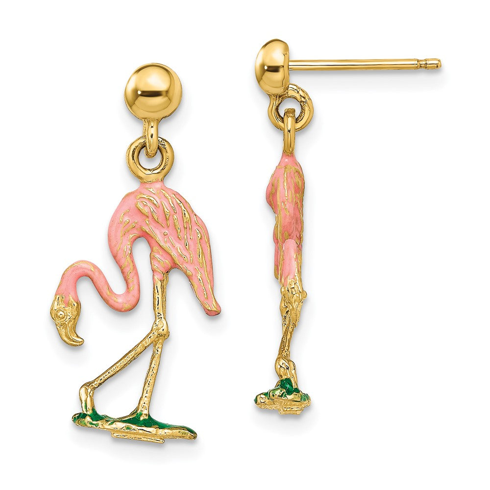 14K Yellow Gold Enamel 3D Flamingo Dangle Earrings