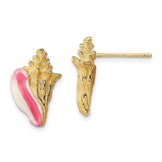 14K Yellow Gold White and Pink Enamel Conch Shell Post Earrings