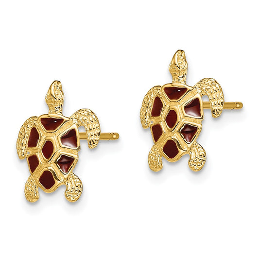 14K Yellow Gold Sea Turtle with Brown Enamel Shell Textured Post Earrings