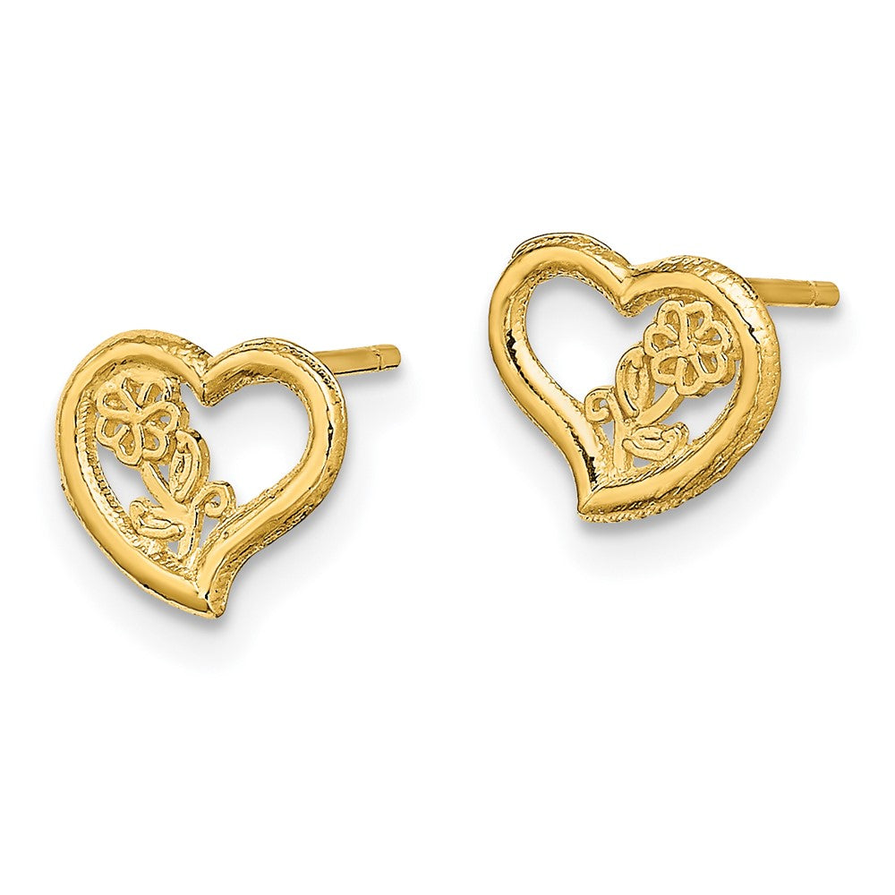 14K Yellow Gold Open Heart with Flower Post Earrings