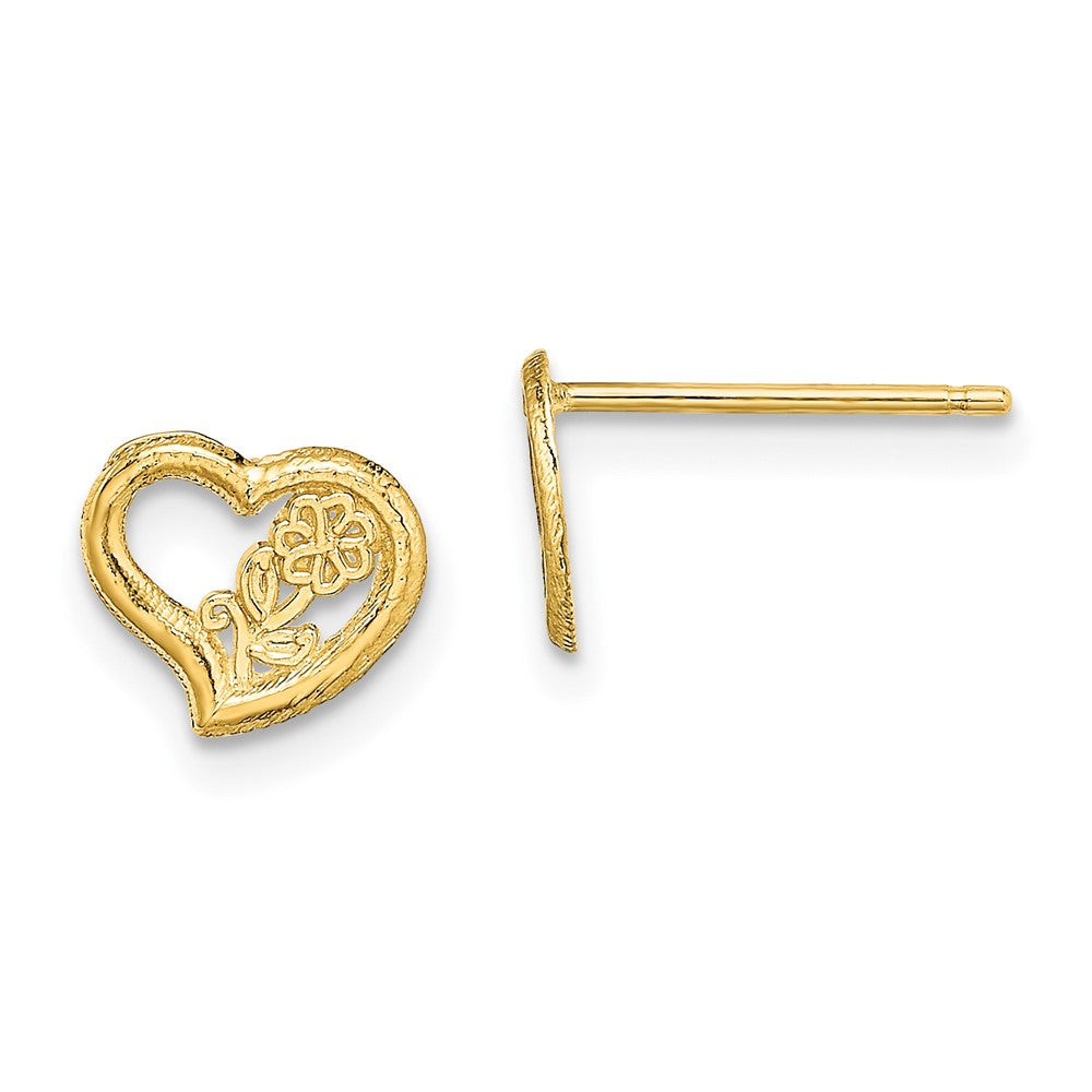 14K Yellow Gold Open Heart with Flower Post Earrings